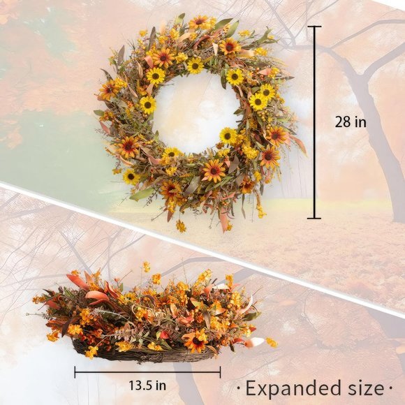 Large Fall Front Door Wreath,28" Artificial Floral Wreath with Colorful Daisies - Picture 5 of 6